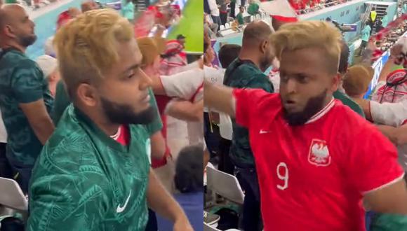 Hincha de Arabia Saudita se pone la camiseta de Polonia durante el partido